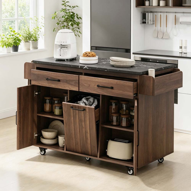 Îlot de cuisine avec armoire de rangement pour poubelle, Brun