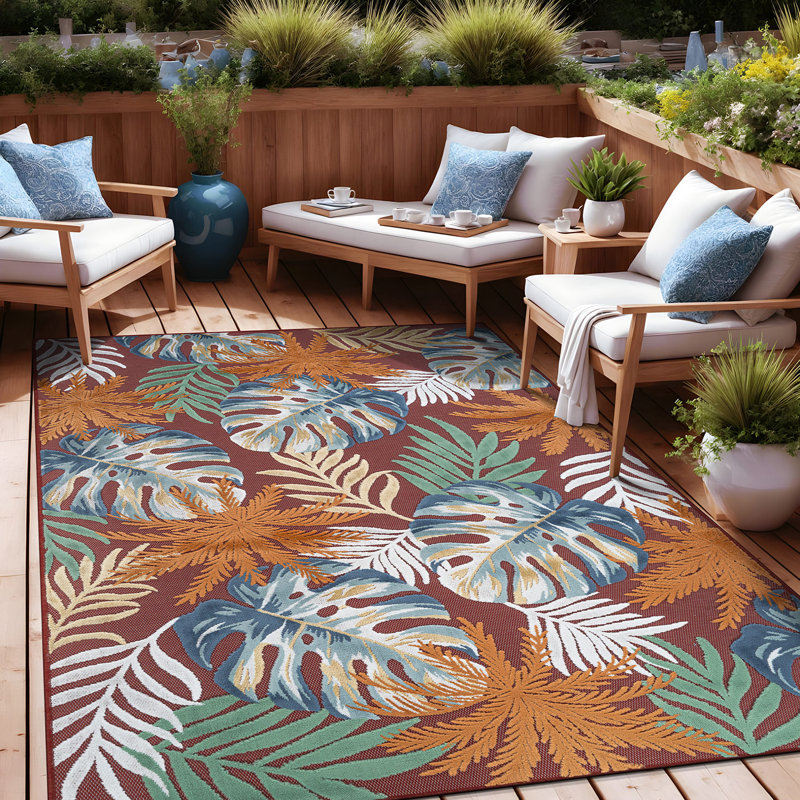 Tapis floral d'intérieur pour l'extérieur, Red, Rectangle 9' x 12'