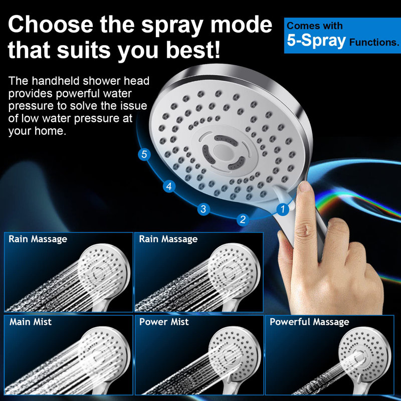 Rain Shower Head, High/Low Pressure Water, 11 Inch Adjustable Extension Arm,5 Settings Handheld Shower Head Combo, Chrome