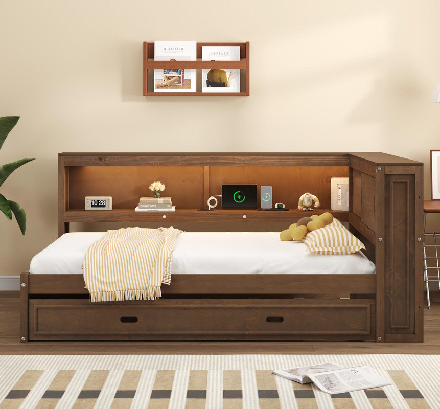 Red Barrel Studio Full Size Wooden Daybed with Trundle, Storage Shelves ...