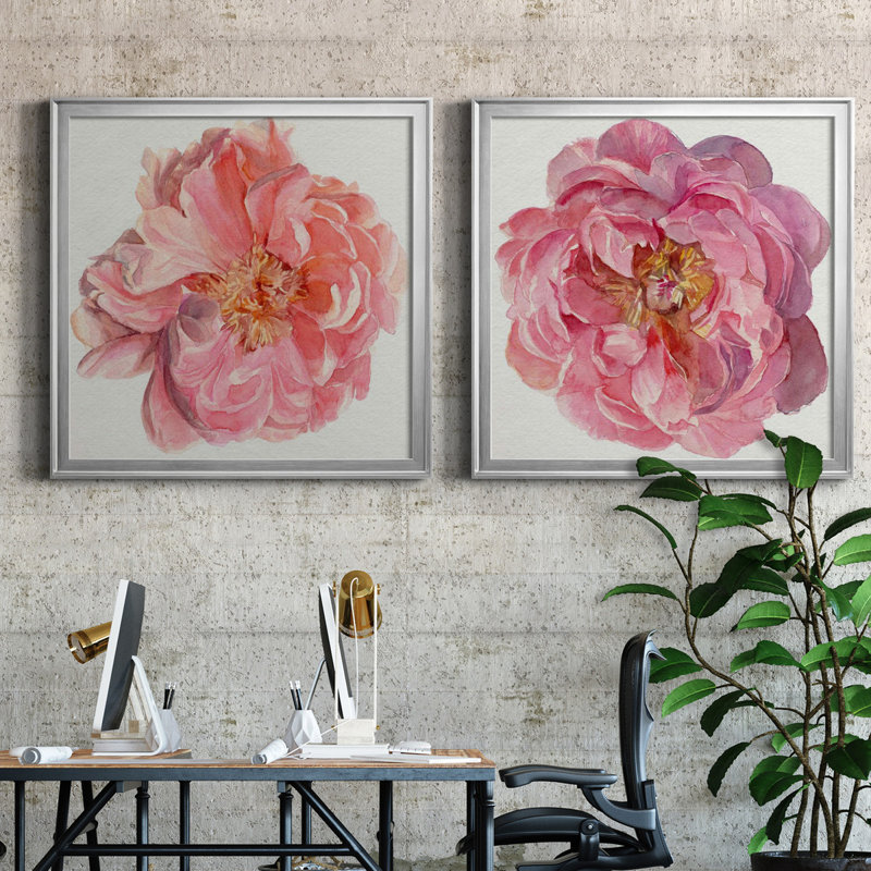 Blossomed Peony I - ensemble de 2 cadres photo Blossomed Peony I, H 22,5 po x l 45 po, Picture Framed Canvas, Argent argent