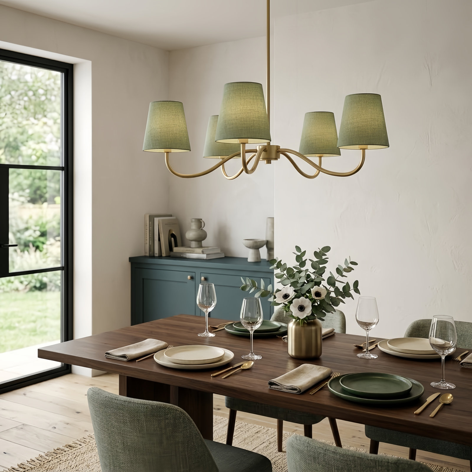 Wrought Iron 5-Light Chandelier, Matte Black, Green