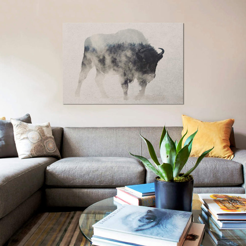 Bison In The Fog by Andreas Lie - Print on Canvas, 20.32 cm H x 30.48 cm W, Wrapped Canvas