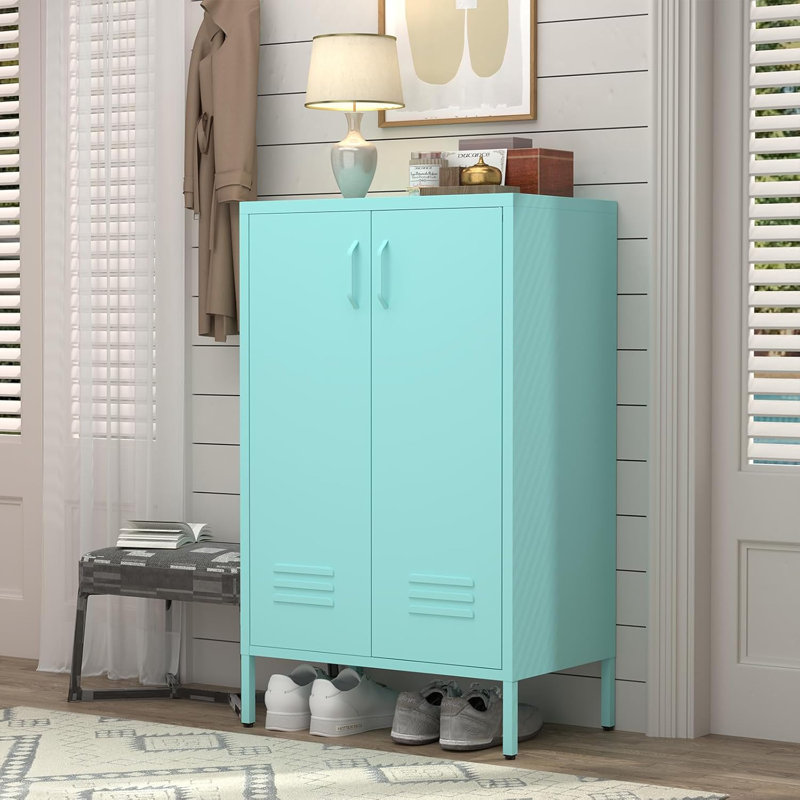 Armoire de rangement en métal, armoire d'appoint à 2 portes, armoire avec tablettes réglables, armoires-vestiaires avec pieds pour le salon, garde-manger, bureau, bleu