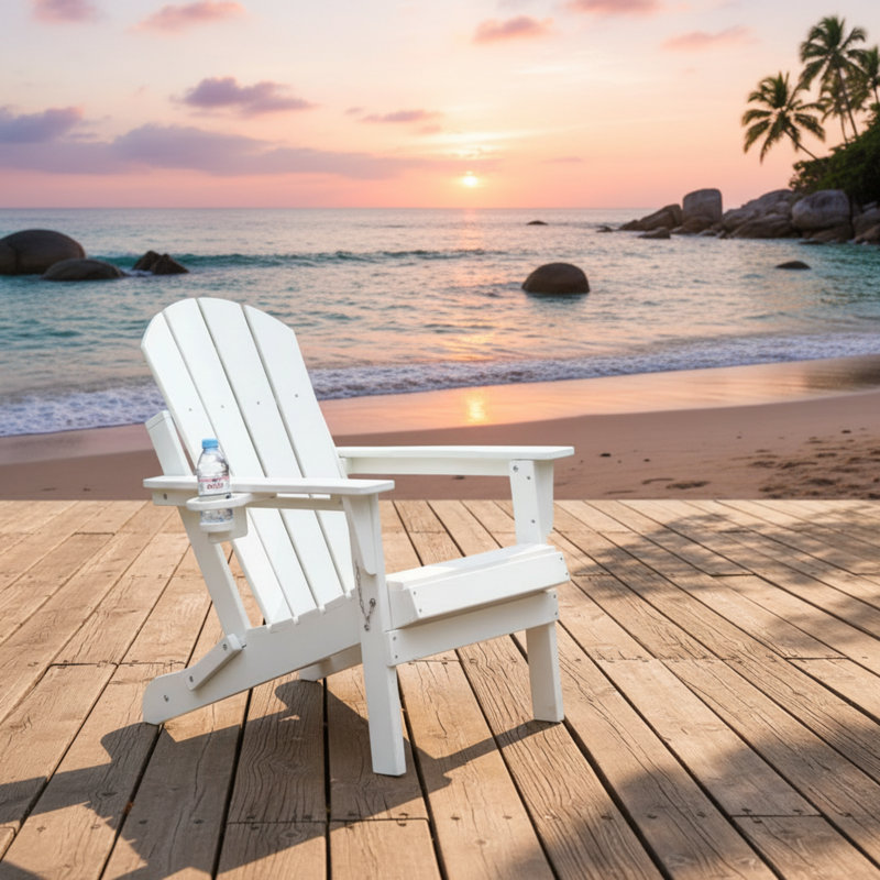 The Adirondack Chair, Made Of White Wood-Grain Composite Material, Features A Foldable Design And Comes With Double Cup Holders, Offering Both Comfort And Practicality.