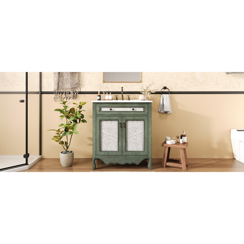 Meuble-lavabo de salle de bain rétro avec lavabo rectangulaire en céramique, tiroir, meuble-lavabo style antique + bleu, plateau basculant et luxe
