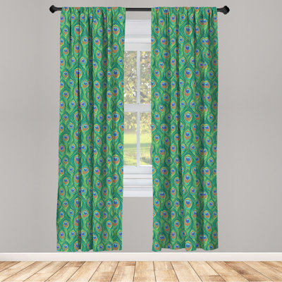 Feather Window Curtains, Peacock Feathers Peafowl Eastern Boho Positive Design, Lightweight Decorative Panels with Rod Pocket, Jade Green Caramel Blue -  East Urban Home, 437B4EDC3E394C198ECA4C3707087E40