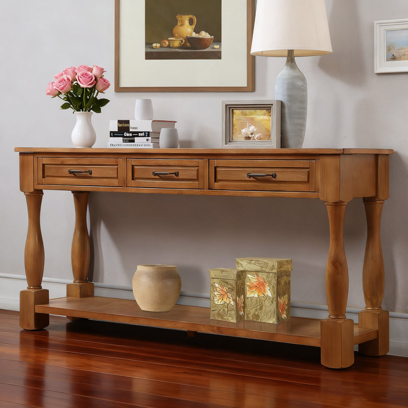 63" Wood Console Table with 3 Drawers and Bottom Shelf, Brown Extra-Thick Sofa Table for Entryway Hallway, Brown