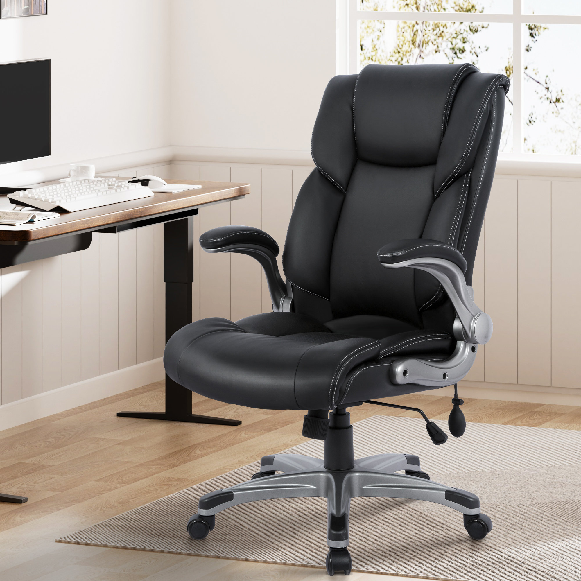 Latitude Run® Alira Mid-Back Ergonomic Office Chair PU Leather Executive  Chair with Adjustable Lumbar Support, Flip-Up Armrests Height Adjustment, 