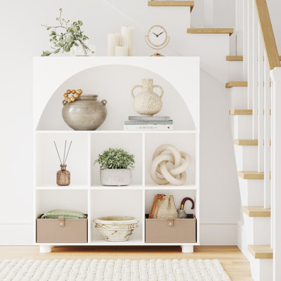 RiverRidge Arched 35" 6 Cubby Entryway Shoe Rack Storage Organizer Cabinet with Shelves - White
