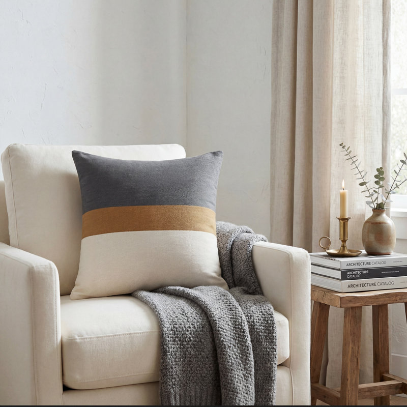 Multi Brown/Gray Striped Handmade 100% Cotton Throw Pillow, 20" x 20", Pillow Cover & Insert