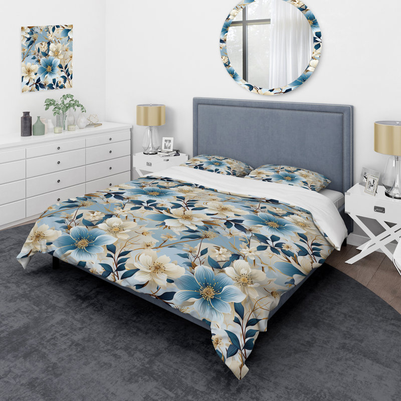 Motif floral blanc et bleu - Ensemble de housse de couette floral - Polyester microfibre