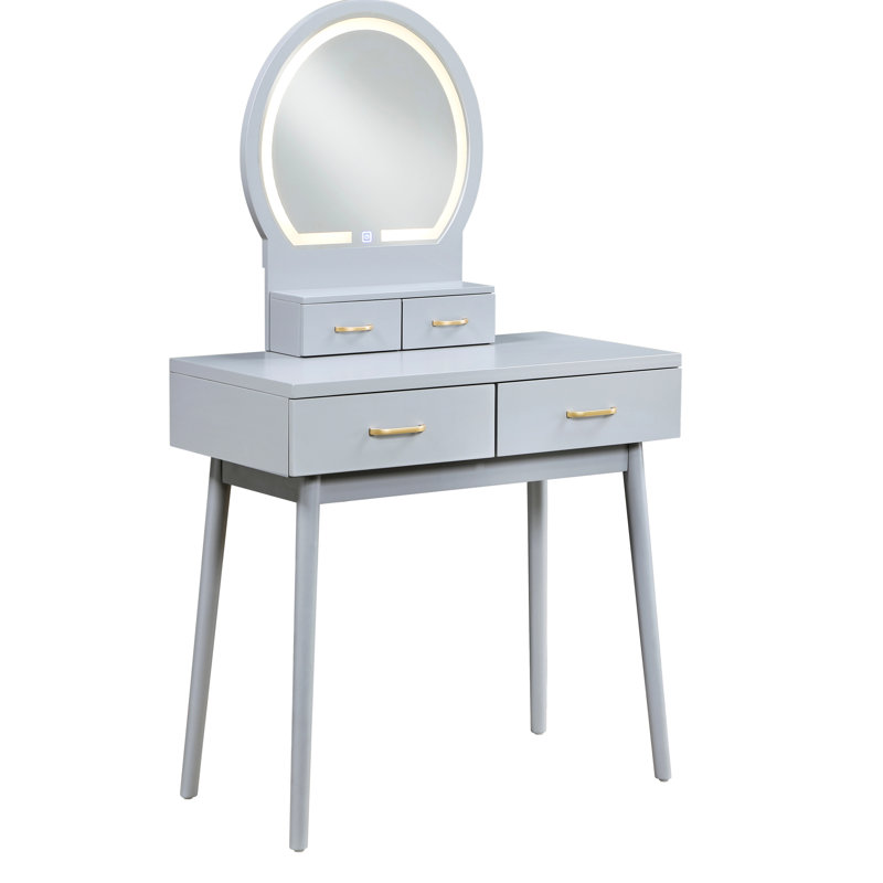 Elegant Gray Vanity With Led Lighted Mirror, 4 Smooth - Gliding Drawers And Padded Stool For Bedroom Decor Modern Matching Functionality Style Fusion