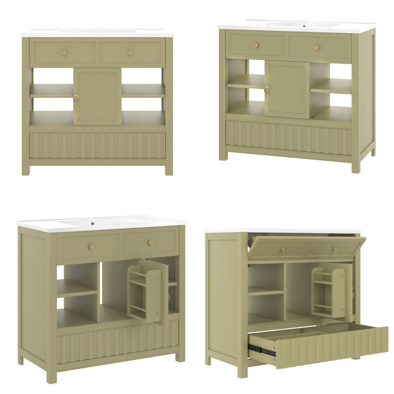 Meuble-lavabo 36 po - coin rabattable, 7 tablettes ouvertes et tiroir à ouverture par pression. Structure en bois massif, plateforme de robinet 4 po, étoile de rangement compacte