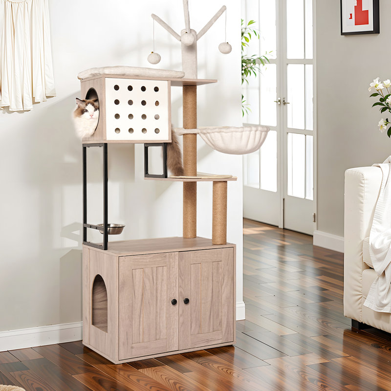 Arbre à chat avec bac à litière - gris moderne 3 en 1, avec poteaux à griffer, bol d'alimentation et boules détachables, zone d'activité pratique intégrée peu encombrante, fonction, tapis antidérapant