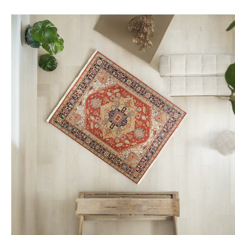 Red Hand Knotted Wool Rug, Rectangle 6' x 9'