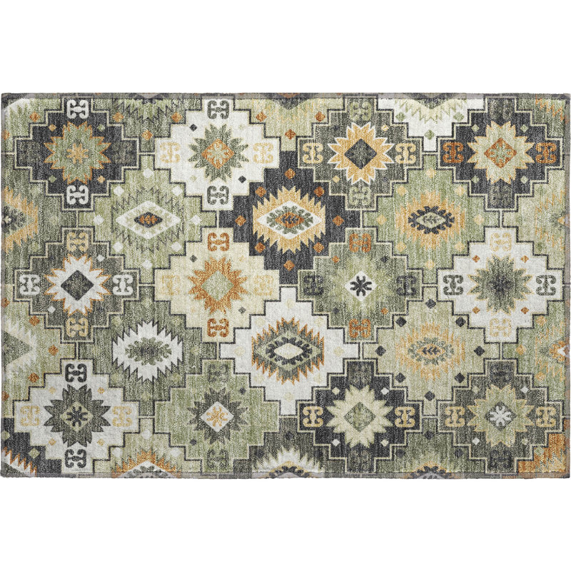 Premium Machine Washable Mayfield  Ethnic Rug, 1'8" x 2'6", Fern