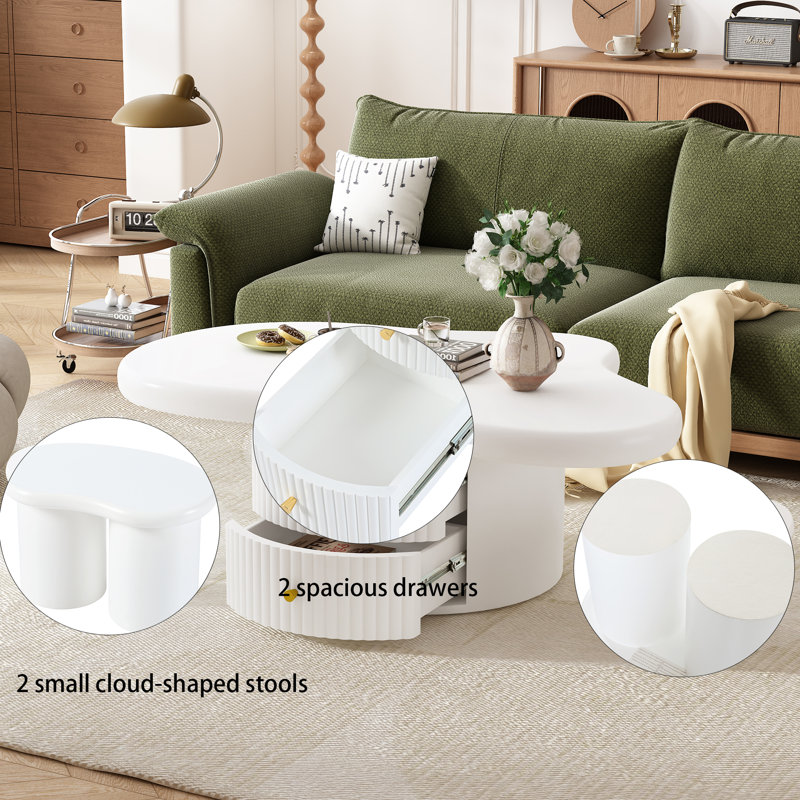 Table basse 3 pièces Cloud - avec 2 tiroirs et 2 petits tabourets