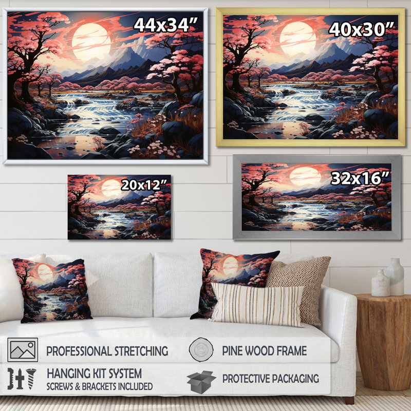Impression sur toile Magical Kawaii Moonlite River I, H 24 po x l 32 po x P 1 po, Cadre simple noir