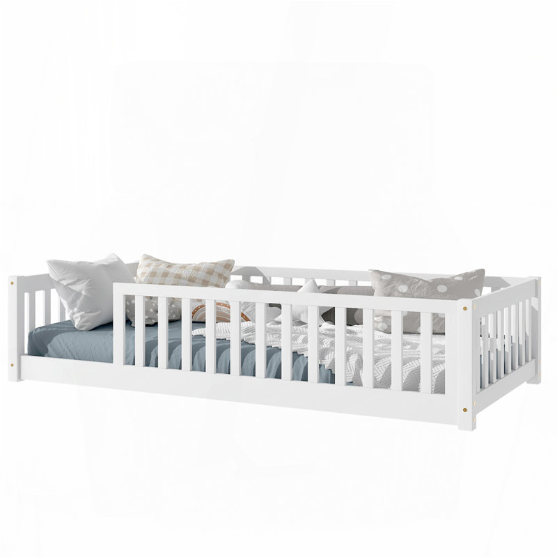 Lit simple au sol avec clôture sans porte, lit en bois d'hévéa avec garde-corps de sécurité, blanc, Blanc