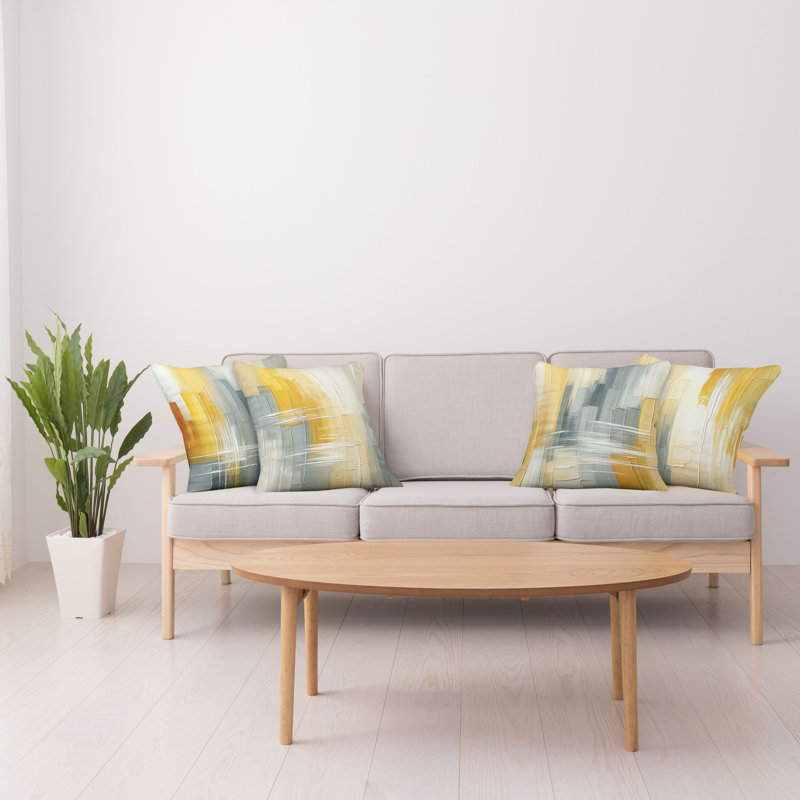 Abstract Yellow and Gray Polyester Square Throw Pillow Set