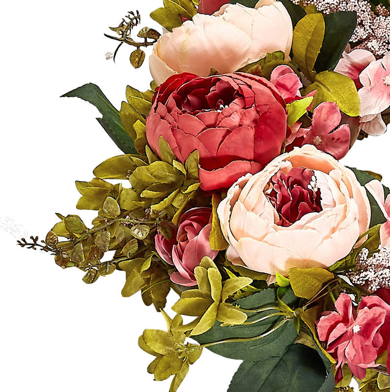 Couronne artificielle 19 po avec pivoines roses et hortensias toute l'année