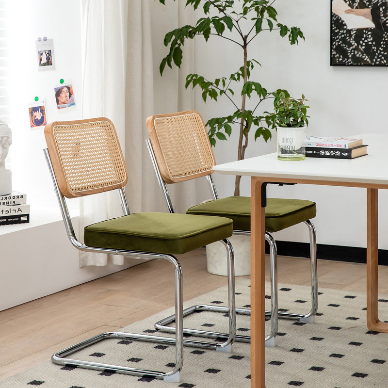 Tristen Rattan and Fabric Upholstered Dining Chairs, Silver, Olive Green