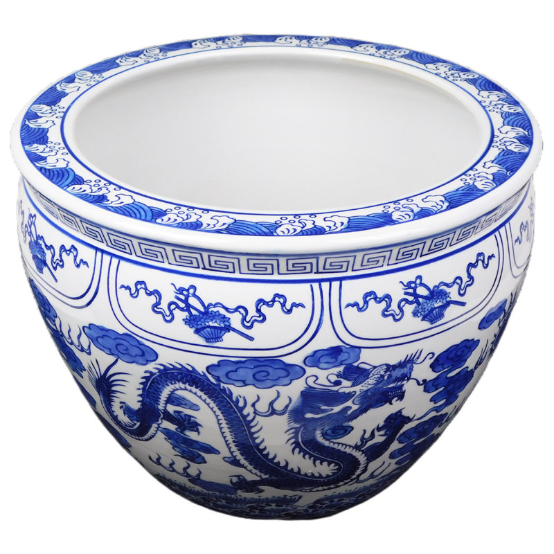 Blue and White Porcelain Fishbowl with Dragon Design, 16" H x 20" W x 20" D