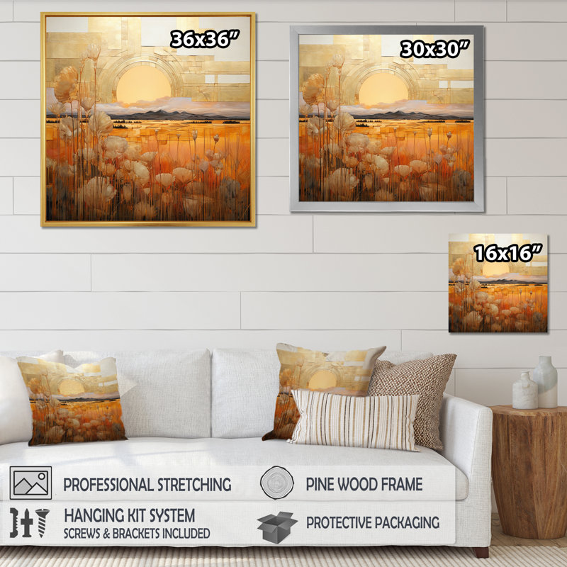 «Golden Sunset Cottage Countryside Landscape» sur toile, Cadre simple noir, H 16 po x l 16 po x P 1 po