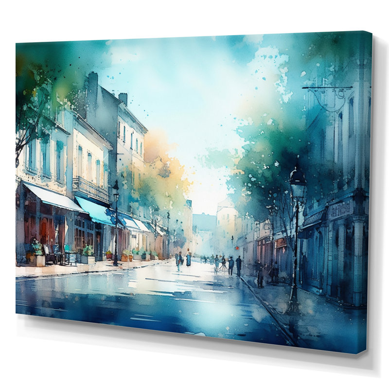 «Blue and Green French Small Town», reproduction d'art sur toile, H 24 po x l 32 po x P 1 po, Toile tendue