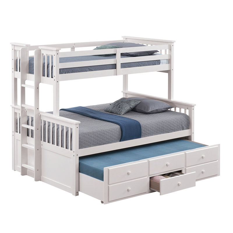 Lit superposé simple au-dessus d'un lit double blanc avec aspect transitionnel, tiroirs latéraux et 3 sous le lit, structure en bois d'ingénierie massif, solution articulée, lit gigogne pour la chambre à coucher, facile à assembler en teinte,