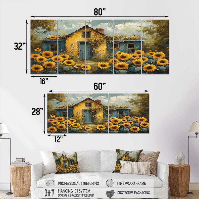 Jaune jaune brun champ de tournesols à la grange - ensemble d'art mural tournesols, H 28 po x l 60 po