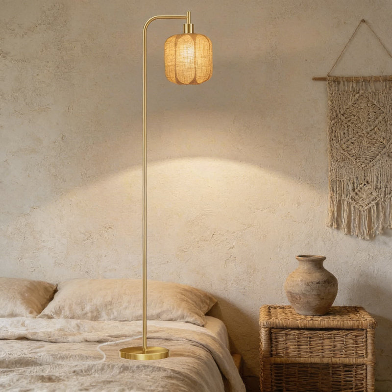 Modern Vintage Floor Lamp With Linen-Wrapped Glass Shade And Pedal Switch - Heavy Base Standing Lamp For Living Room, Bedroom, Or Office - Includes E26 Bulb