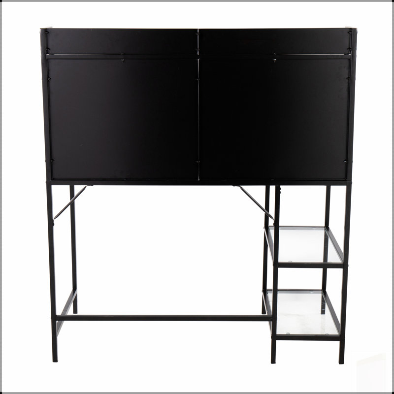 Bureau contemporain Geo Tier avec grand plateau en verre et plusieurs tablettes pour les espaces de travail modernes