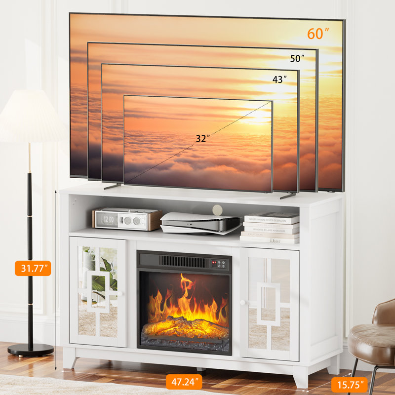 Carved Hanady For 60 Inch Tv Glass Doors with Electric Fireplace Included, White