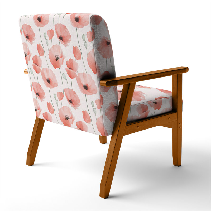 Chaise d'appoint French Country - Fauteuil rose coquelicots, Accoudoirs carrés bruns