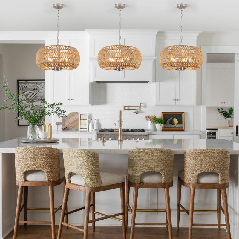 6 - Light Round Drum Hemp Rope Rattan Boho Chandelier, Natural Rattan Bohemian Pendant Light For Kitchen Island, Living Room-18.89"W x 68.69"H