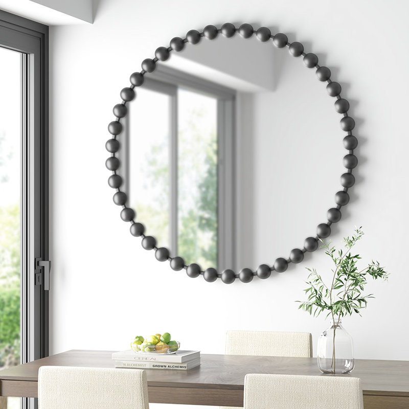 Miroir mural de 36 po de diamètre - Structure en fer noir mat, attrayante garniture de perles en verre sur base prête à être suspendue à l'intérieur seulement Cadre rond élégant Détails délicats