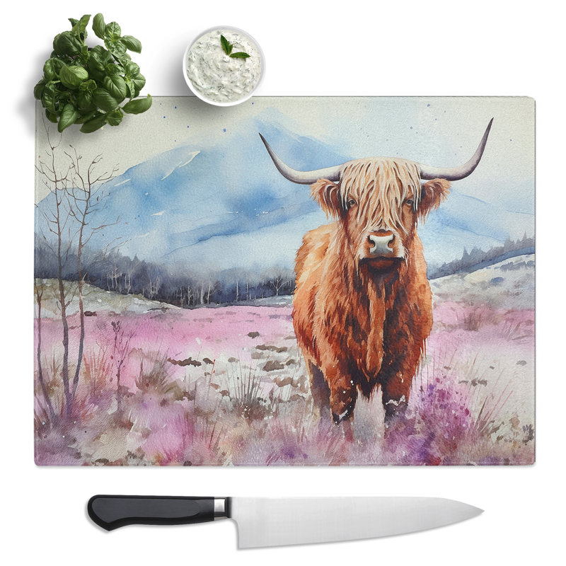 Highland Cow Watercolour  Glass Chopping Board