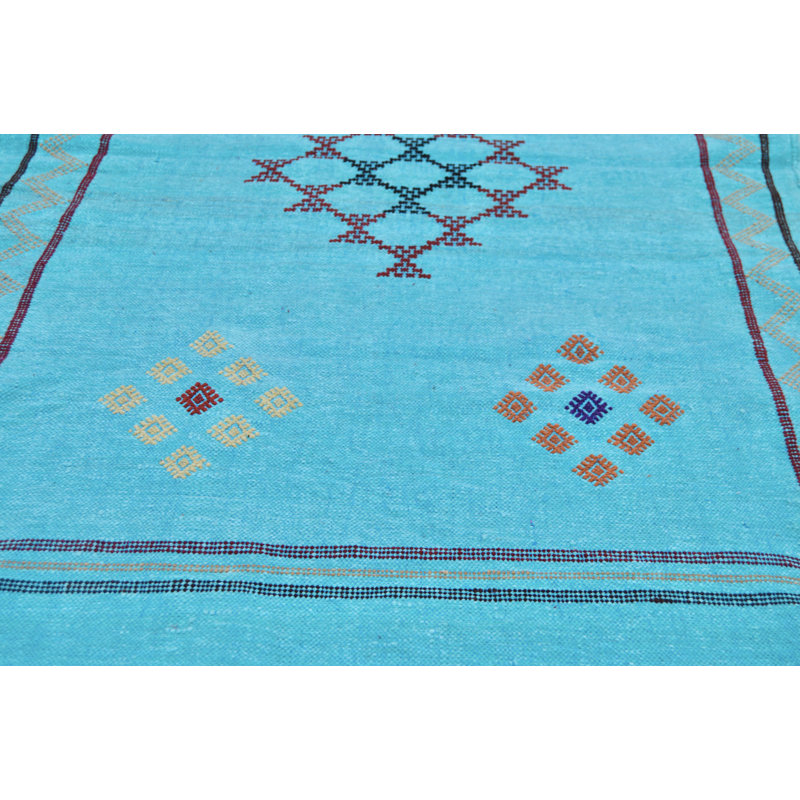 Tapis unique de style années 1990 de 3 pi x 4 pi 10 po en bleu / orange / rouge / ivoire