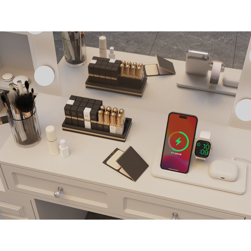 Bureau de coiffeuse avec miroir et lumières, coiffeuse de maquillage avec plateau en verre et tiroirs et tabouret rembourré, coiffeuse avec tiroirs, coiffeuse pour chambre