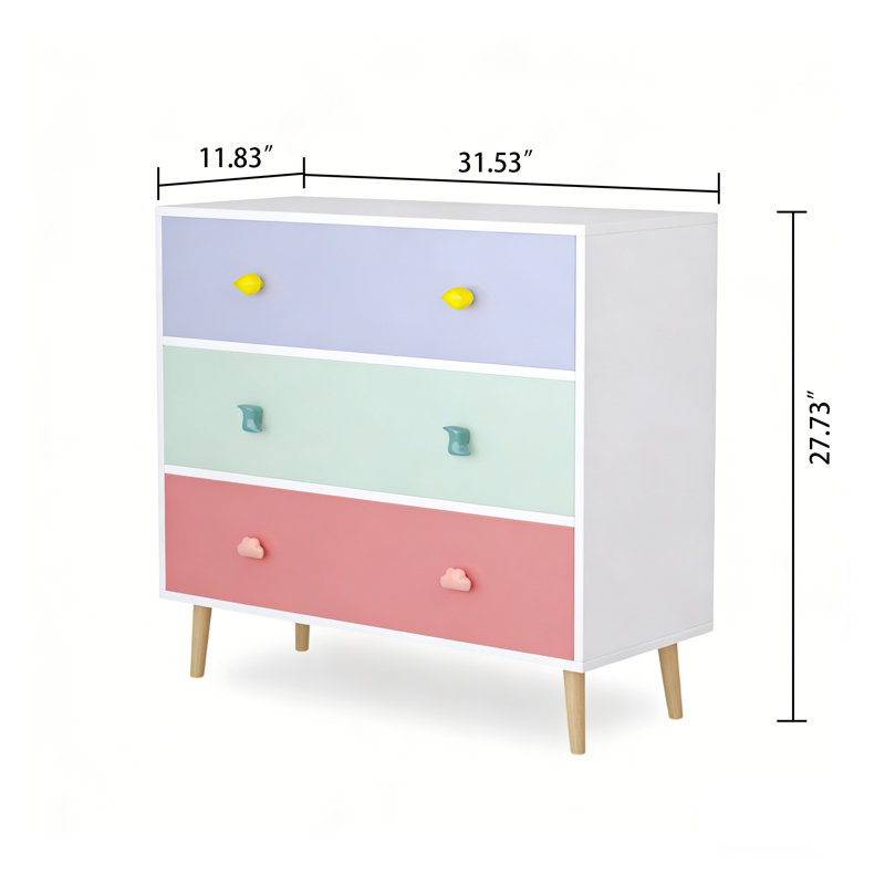 Table de chevet pour enfant moderne à trois tiroirs, Rose, vert, mauve, blanc