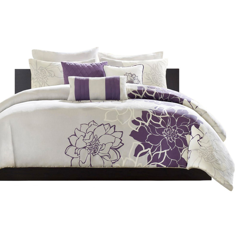 Housse de couette 6 pièces pour lit double / grand lit, coton floral, 2 taies décoratives, 3 coussins décoratifs, fermeture à boutons, attaches de coin à l'intérieur, broderie exquise, lavable à la machine, disponible en gris / pêche, taupe