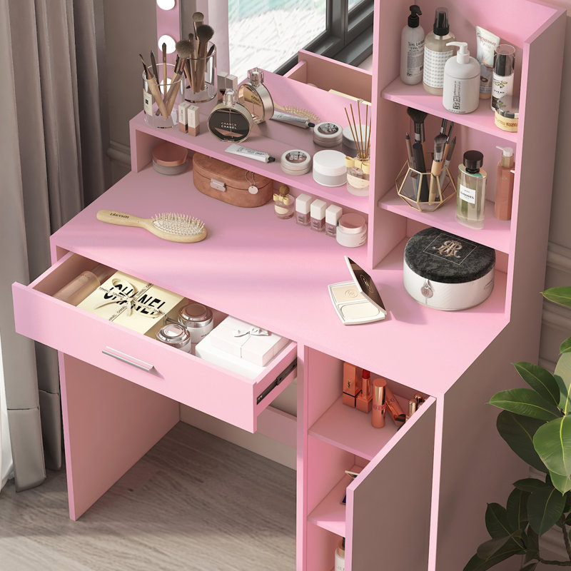 Bureau de coiffeuse avec miroir et lumière, Rose bébé