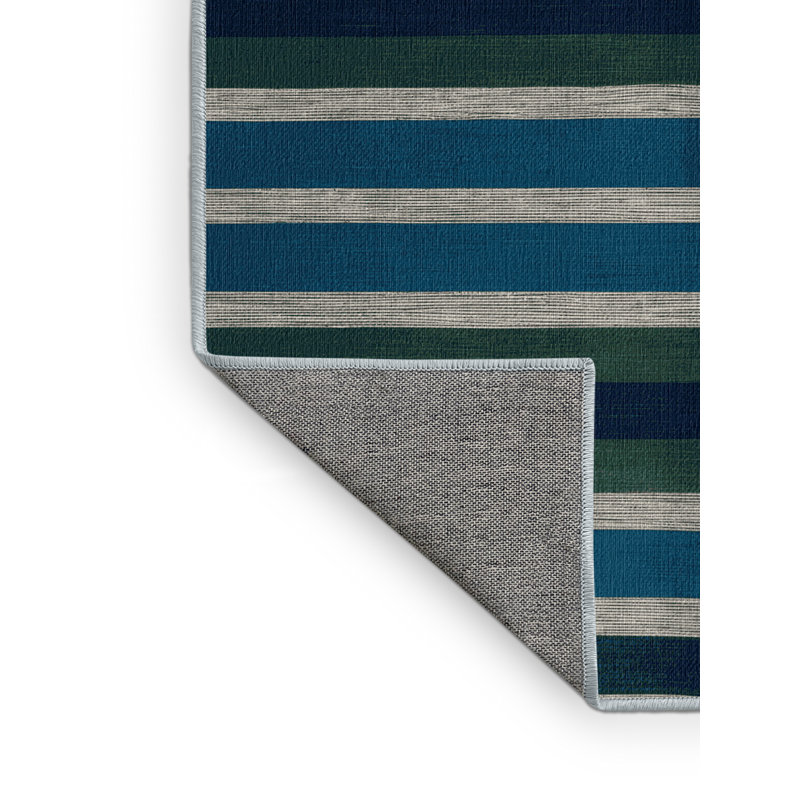 Machine Washable Horizontal Stripes Blue Area Rug, Square 6'