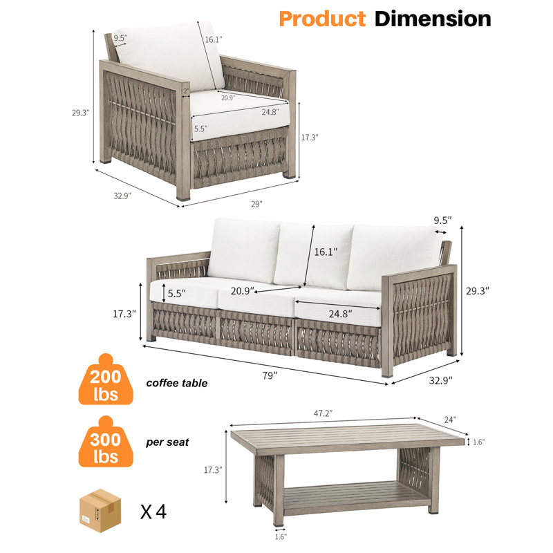 Seehill 4-Piece Patio Furniture Set, Aluminum Outdoor Patio Conversation Set With Washable Cushions, Rope Weave Outdoor Furniture Sofa Set With Coffee Table For Deck, Poolside, Backyard, Gray Oak