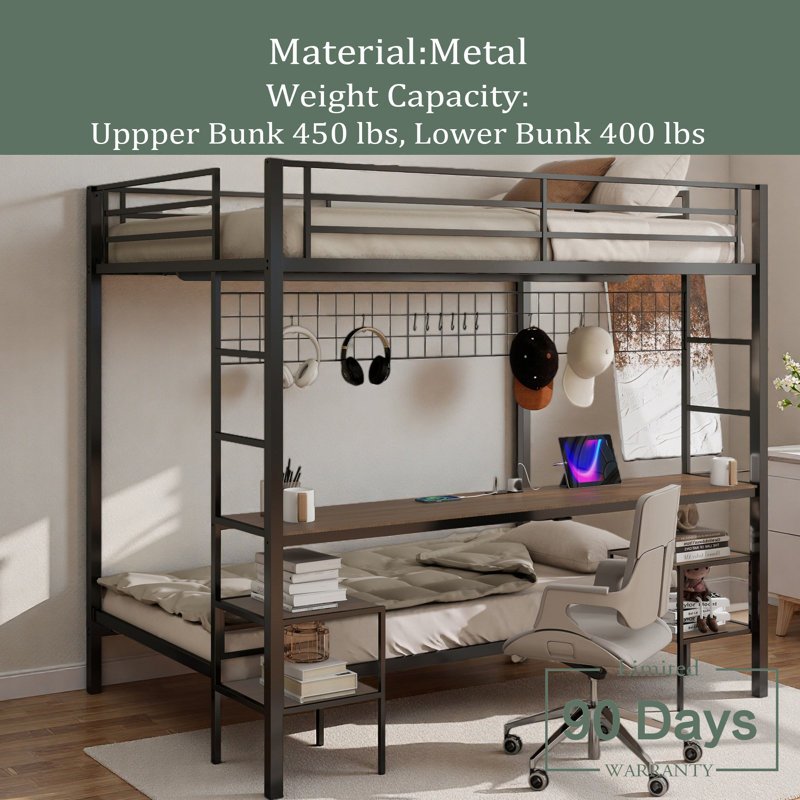 Full Over Twin Bunk Bed With Desk And Charging Station And Storage Shelves And Metal Wire Mesh Panel With Hooks For Teen,Safety Guard & Stairs,No Box Spring Needed