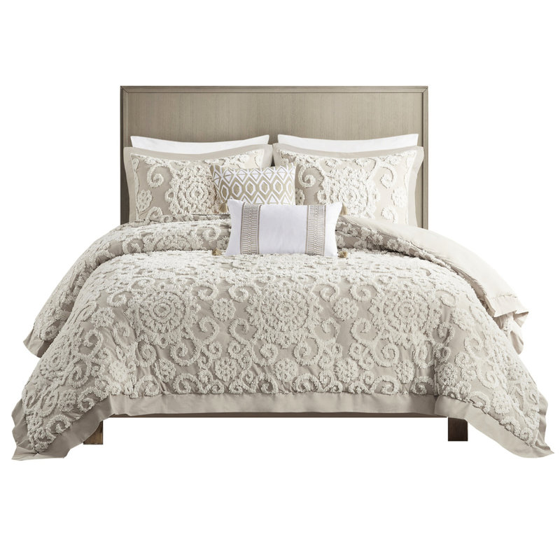 Housse de couette 100% coton taupe pour très grand lit avec une belle broderie, fermeture à boutons, 2 taies décoratives et - qualité, coton, taupe, motif chenille, taies décoratives, qualité, attaches intérieures