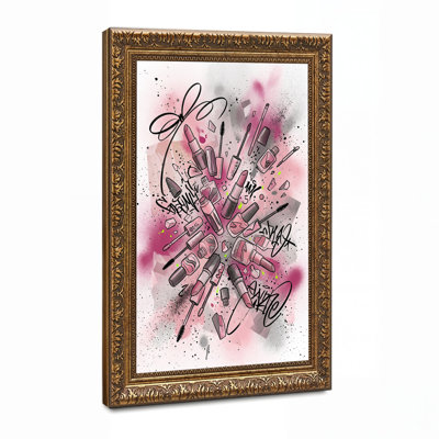 Pink and Grey Makeup Items with Bow Graphic Canvas Wall Art