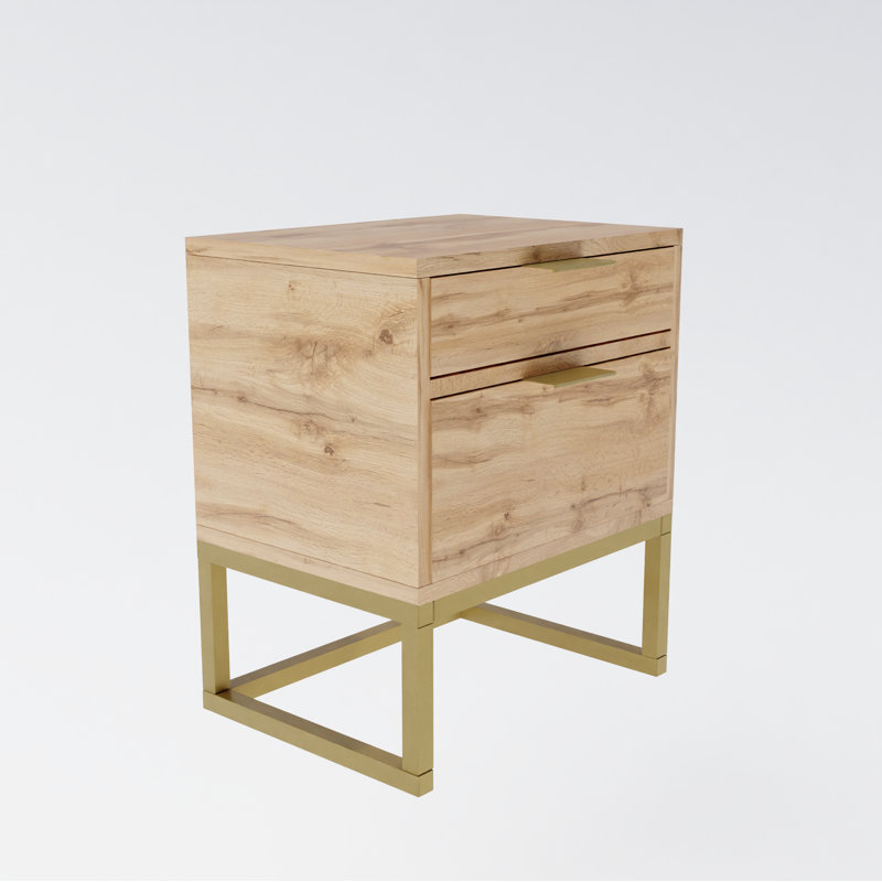 Mekenna 40cm W Metal Bedside Table, Wotan Oak/Gold